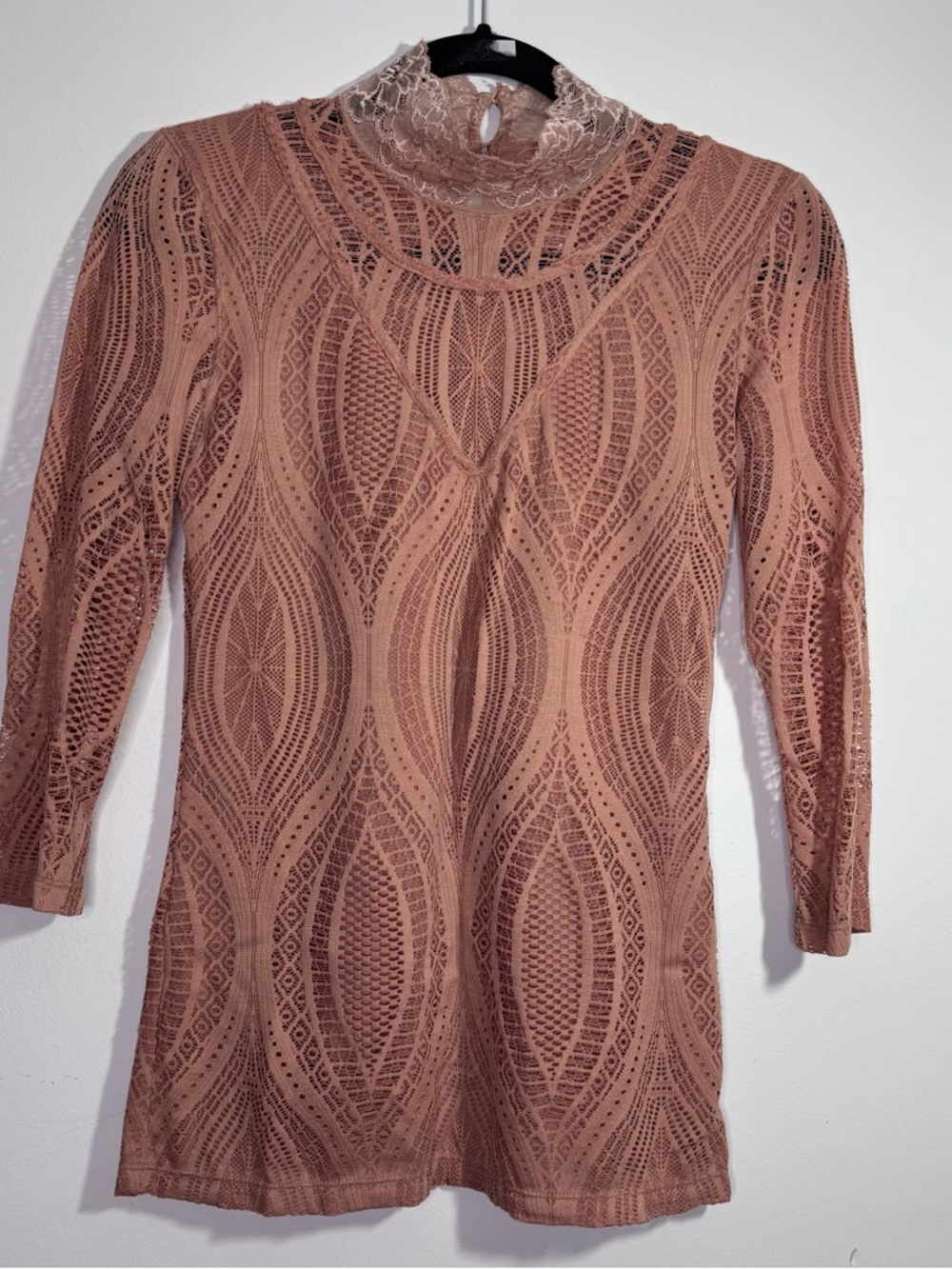 Free People Lace Mock Neck Top Pink Sheer Fitted Stretch Small